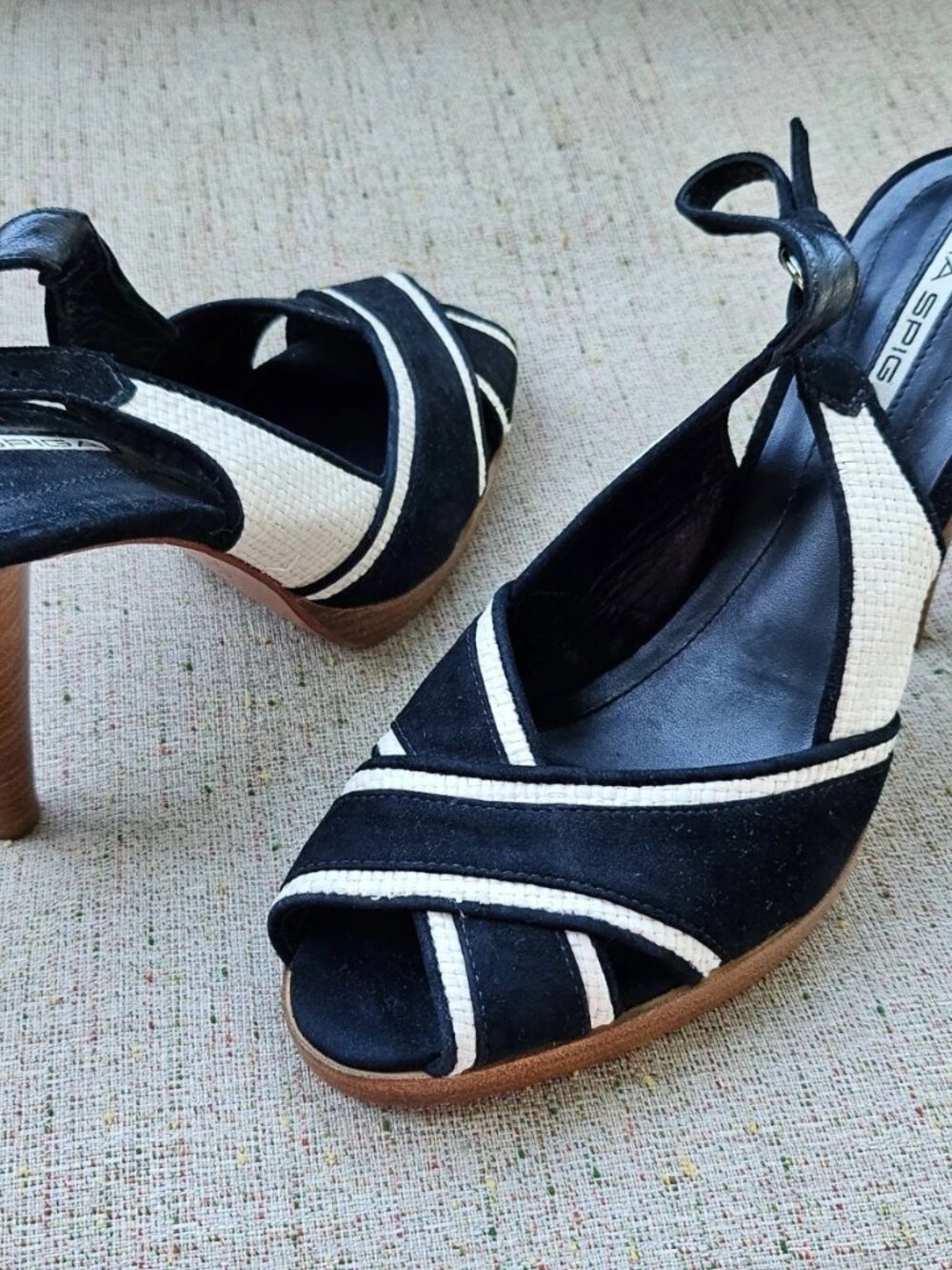 Vintage Via Spiga Ladies Heel Sandal Black/White Suede Upper Shoes Size - Picture 2 of 11